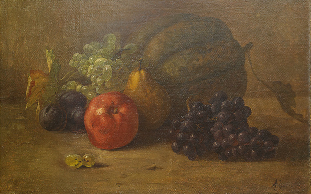 Черницкий А.. Натюрморт с яблоком, грушей, тыквой, сливами и виноградом 